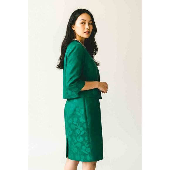 Vintage 1960s Emerald Satin Brocade 2-Piece Dress & Jacket Set Suit No Label S/M - Picture 4 of 4